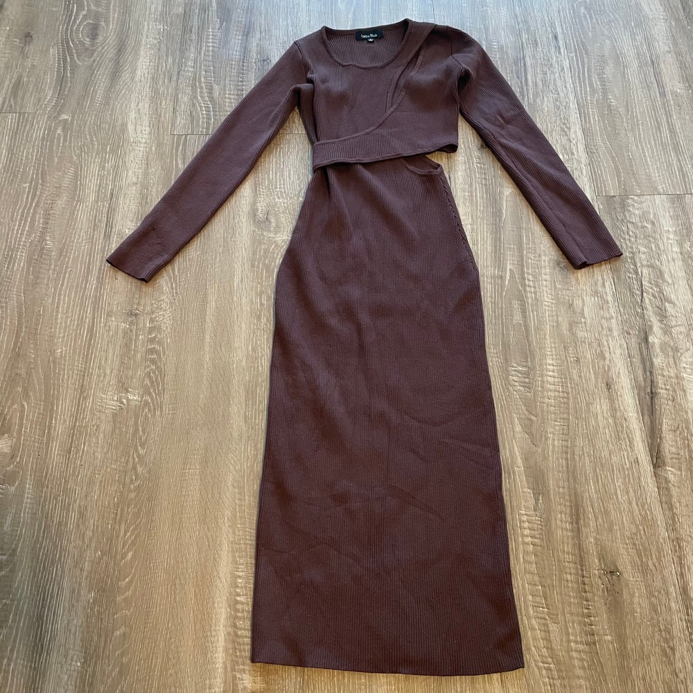 Lea & Viola Womens Midi Dress Small Brown Viscose Ribbed Knit Cutout Bodycon
